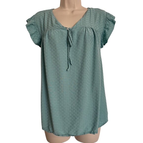 Lee Blouse Cap Ruffle Sleeve Tie Neck Size 2X Teal Green Texture Blouse Tank EUC - Picture 1 of 6